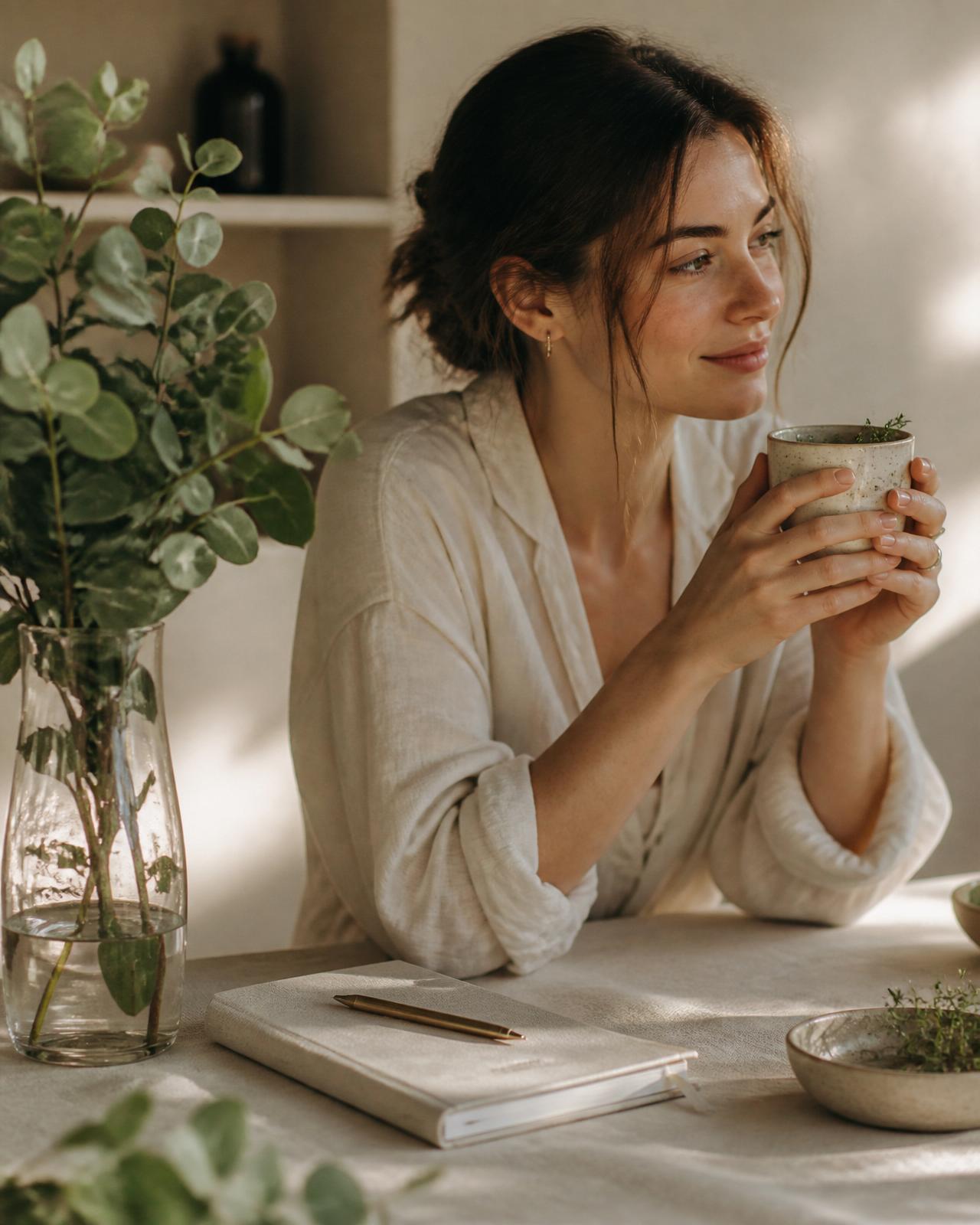Mujer disfrutando un momento de calma con una infusión